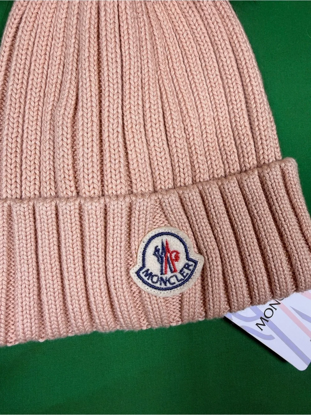 Moncler Women’s Ribbed Knit Peach Color Beanie Hat w/ Pom Pom NWT One Size